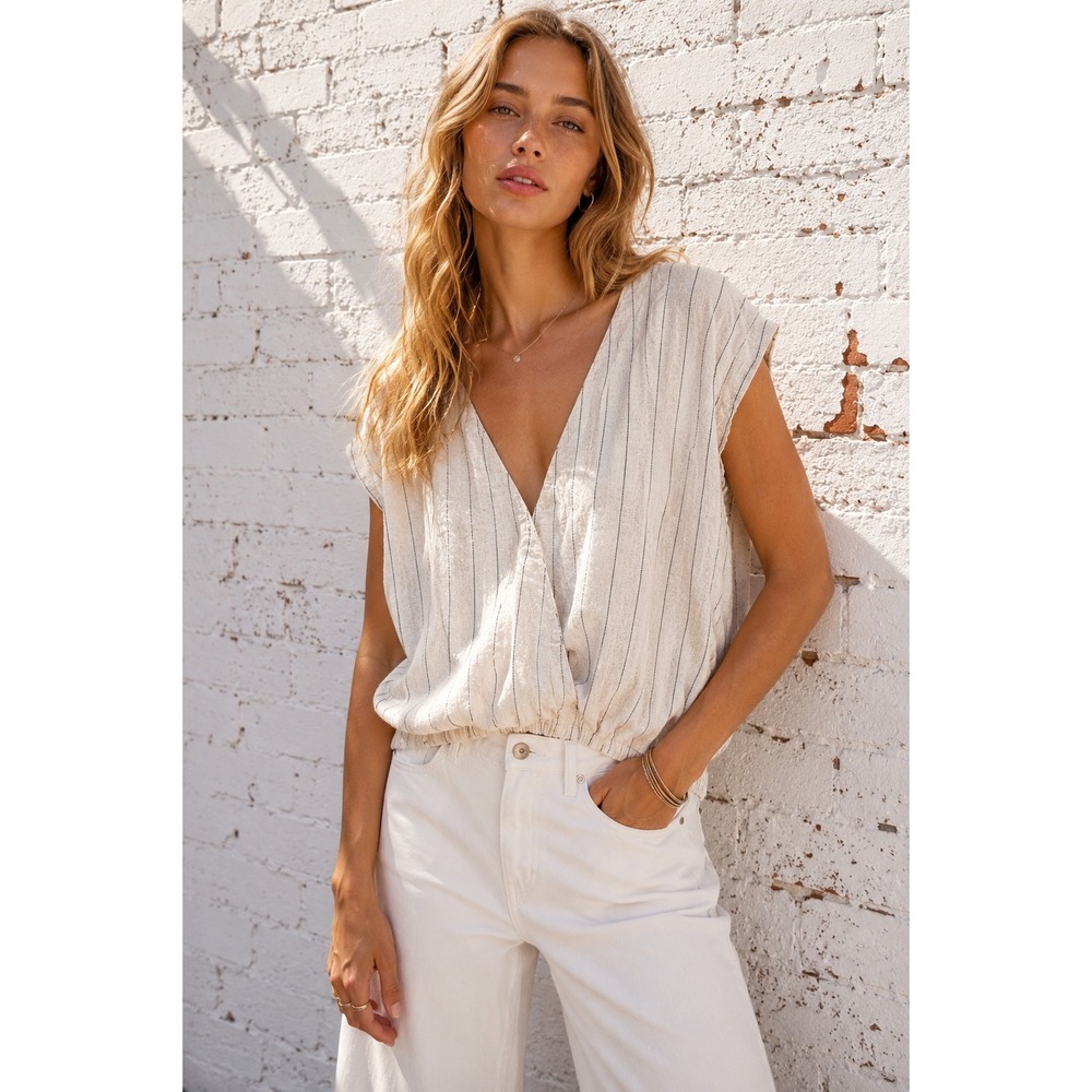 Love 83 Cream Black Pinstripe Linen Surplice Wrap Blouson Top Coastal Chic XL